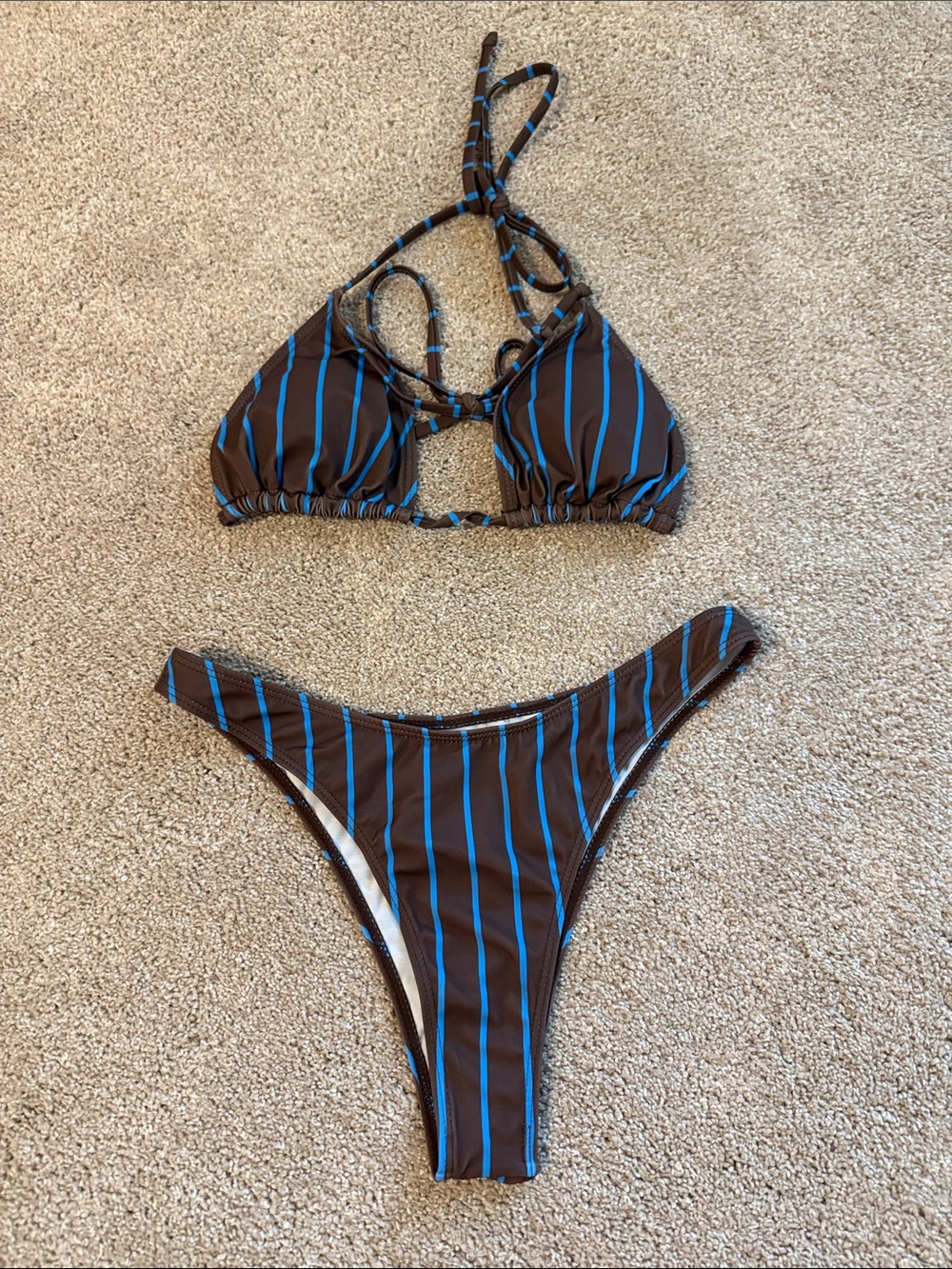 Brown & Blue Striped Women's Bikini Set - Triangle Top & High-Cut Bottom size M